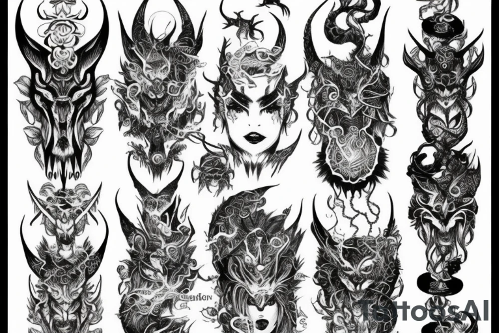Oriental 
Runic Elaborate Intricate Comprehensive Demon woman gorgeous beautiful Feral Chaos tattoo idea