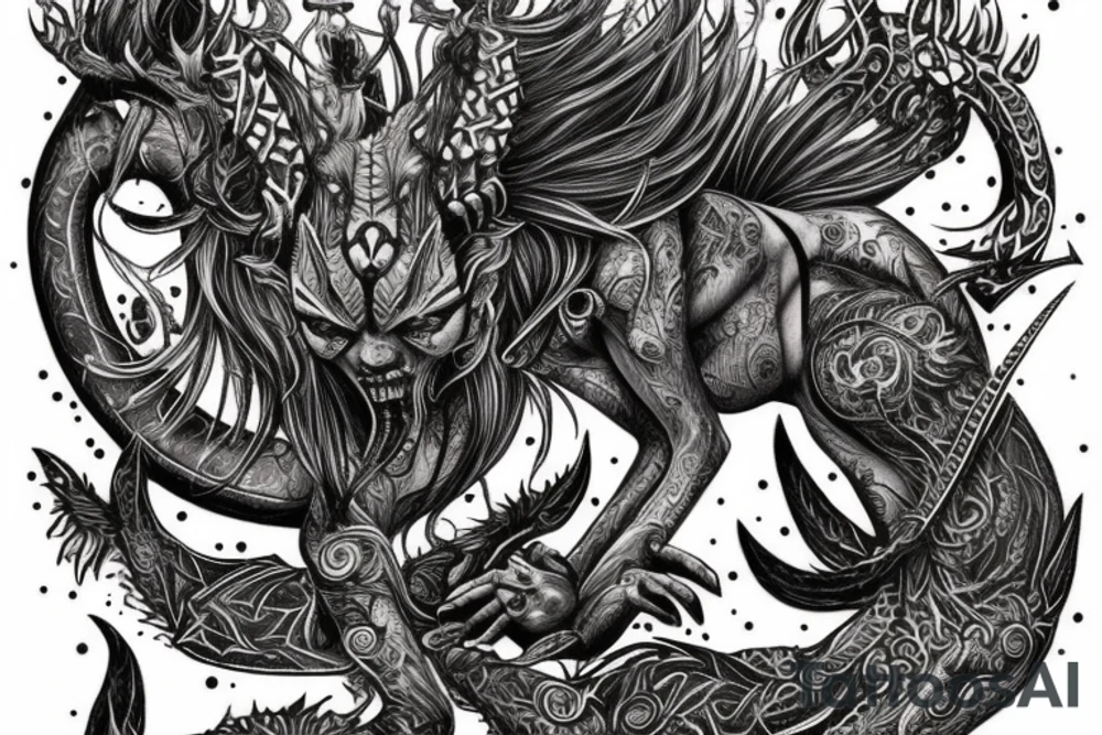Smokey Pagan Runic Elaborate Intricate Comprehensive Demon woman gorgeous beautiful fierce Feral tattoo idea