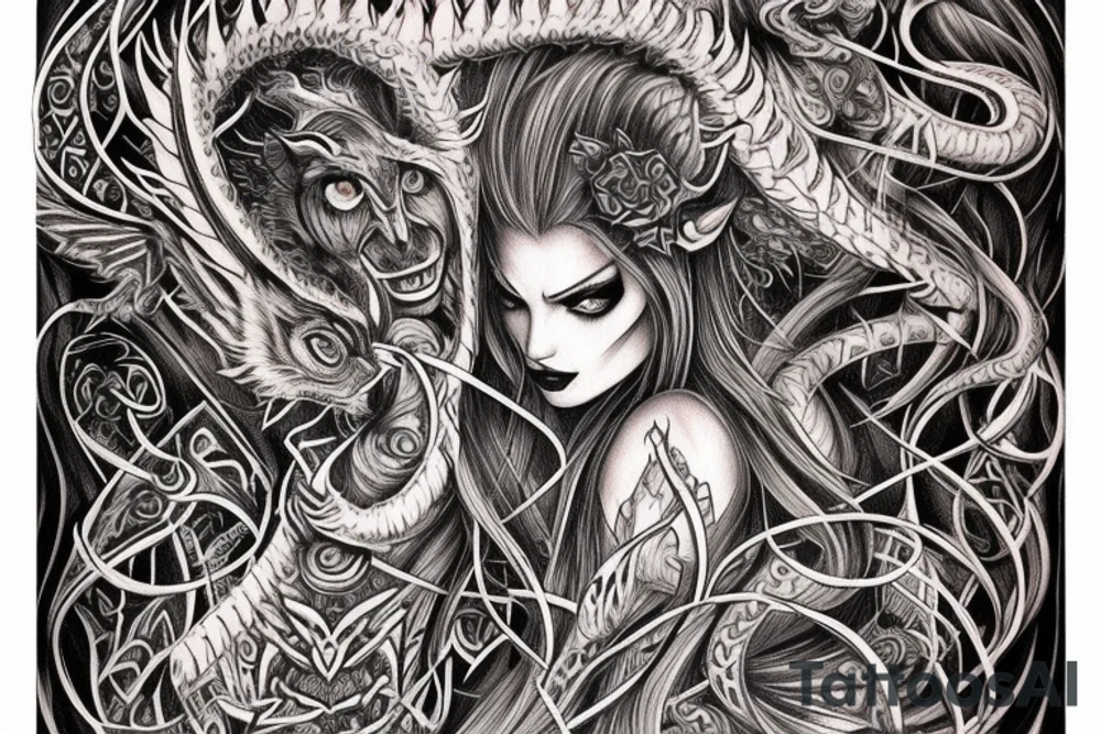 Smokey Pagan Runic Elaborate Intricate Comprehensive Demon woman gorgeous beautiful fierce Feral tattoo idea