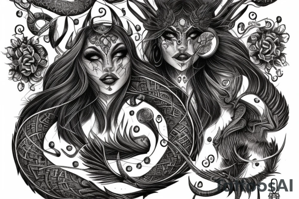 Smokey Pagan Runic Elaborate Intricate Comprehensive Demon woman gorgeous beautiful fierce Feral tattoo idea
