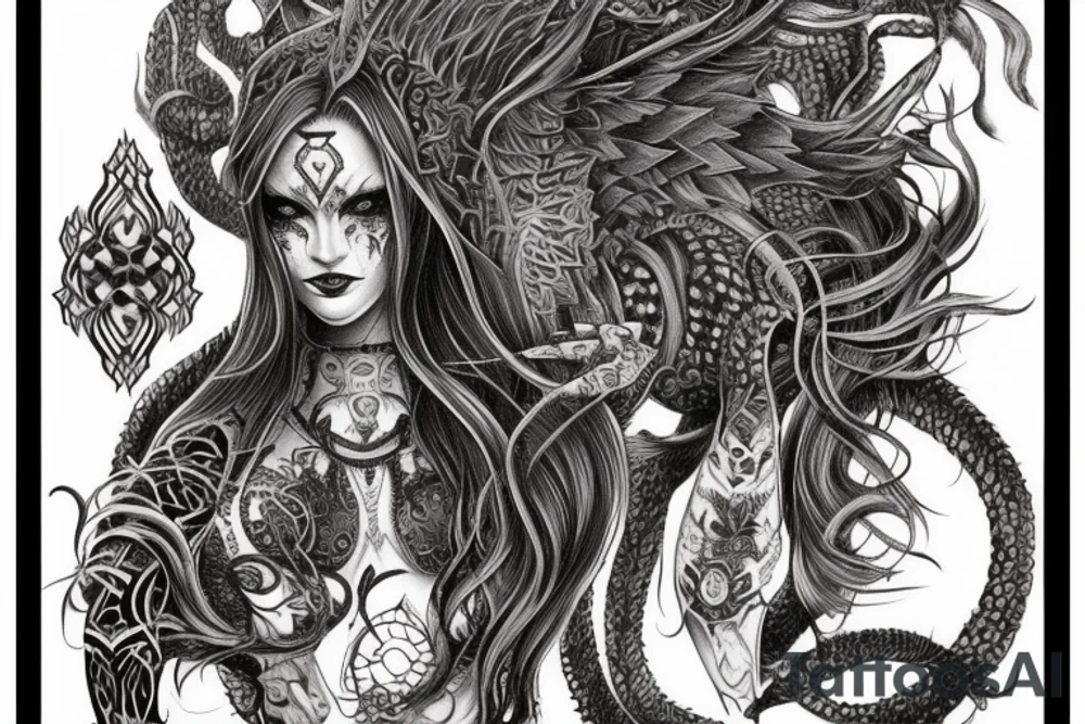 Smokey Pagan Runic Elaborate Intricate Comprehensive Demon woman gorgeous beautiful fierce Feral tattoo idea