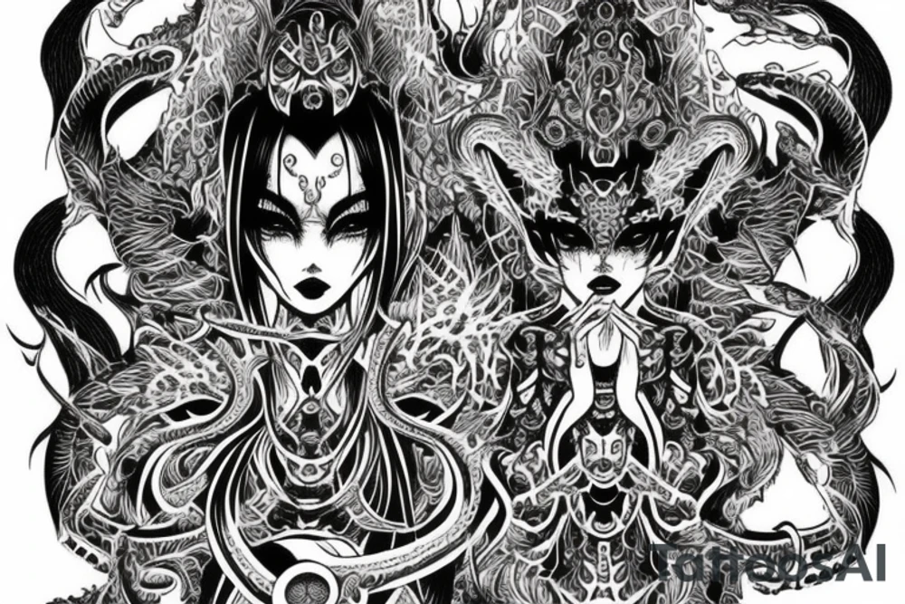 Oriental 
Runic Elaborate Intricate Comprehensive Demon woman gorgeous beautiful Feral Chaos tattoo idea
