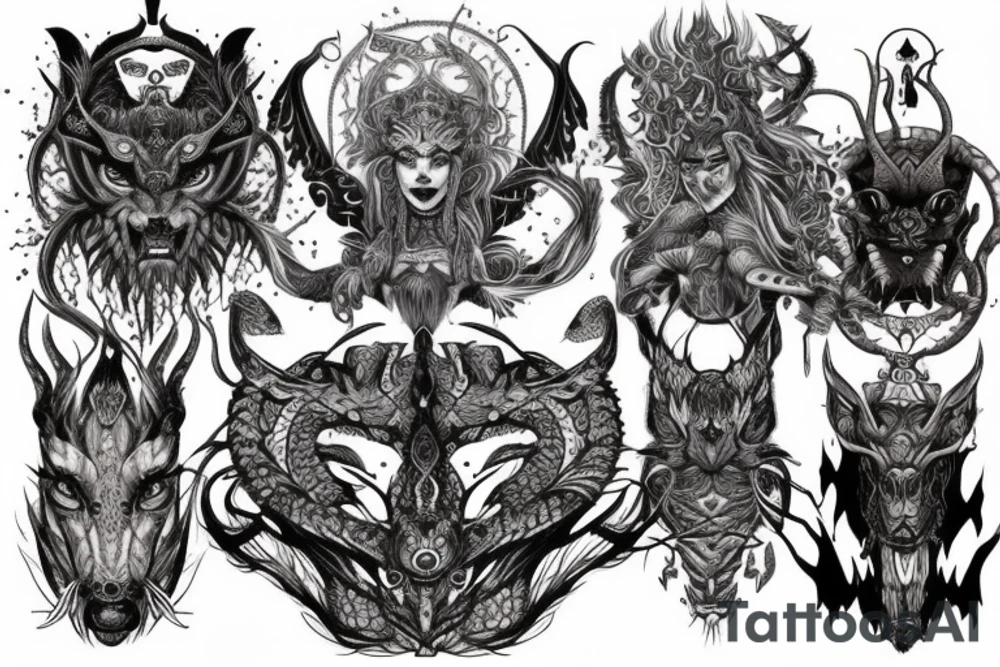 Smokey Pagan Runic Elaborate Intricate Comprehensive Demon woman gorgeous beautiful fierce Feral tattoo idea