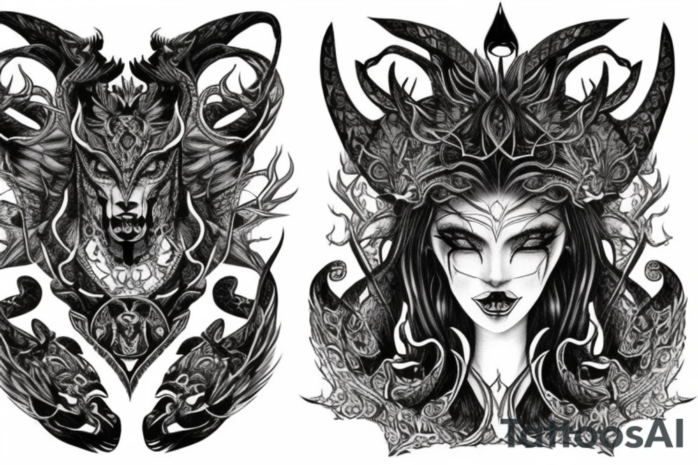 Smokey Pagan Runic Elaborate Intricate Comprehensive Demon woman gorgeous beautiful fierce Feral tattoo idea