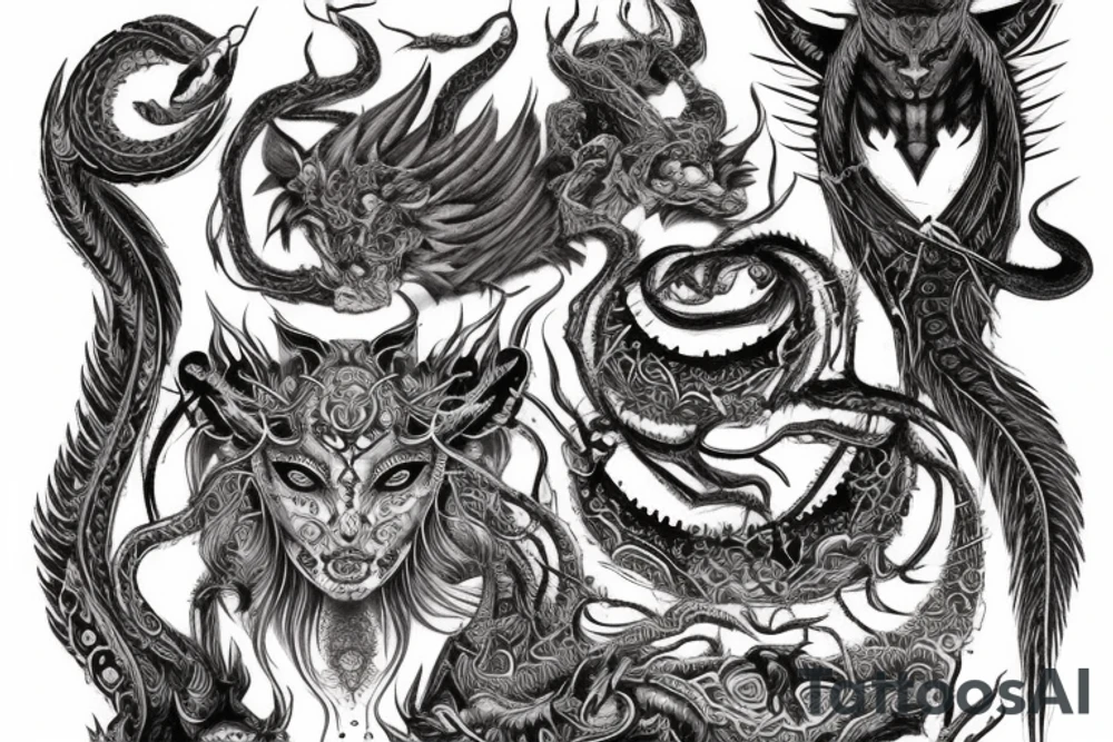 Smokey Pagan Runic Elaborate Intricate Comprehensive Demon woman gorgeous beautiful fierce Feral tattoo idea