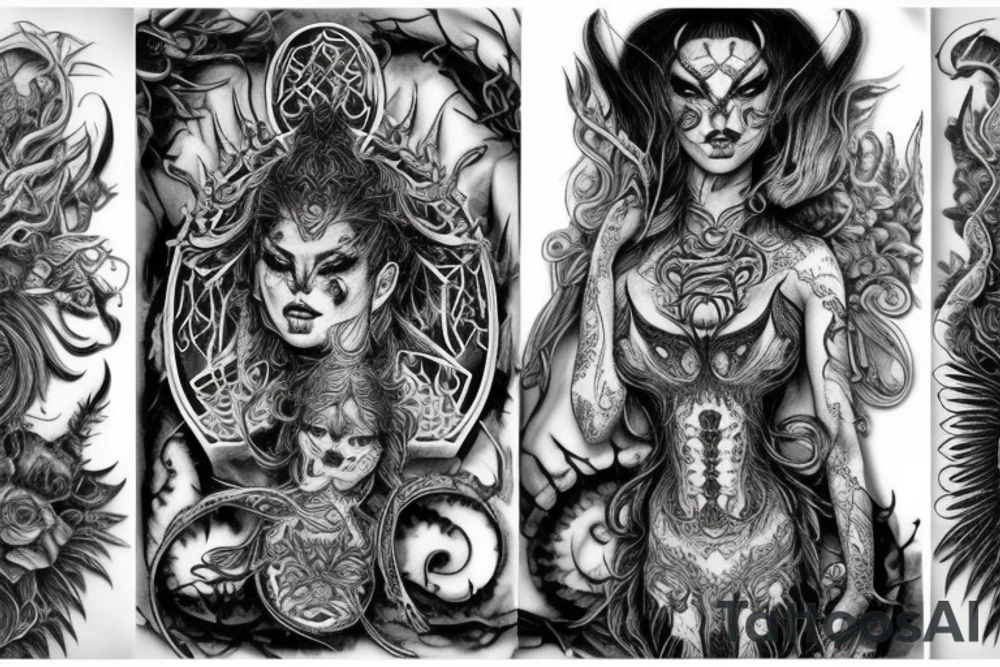 Smokey Pagan Runic Elaborate Intricate Comprehensive Demon woman gorgeous beautiful fierce Feral tattoo idea