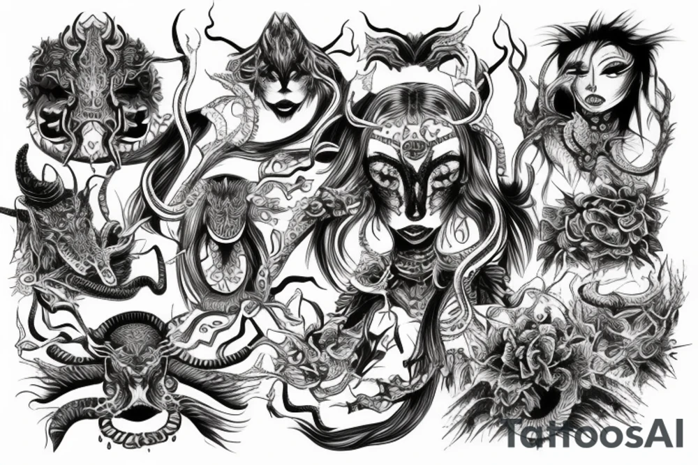 Oriental 
Runic Elaborate Intricate Comprehensive Demon woman gorgeous beautiful Feral Chaos tattoo idea