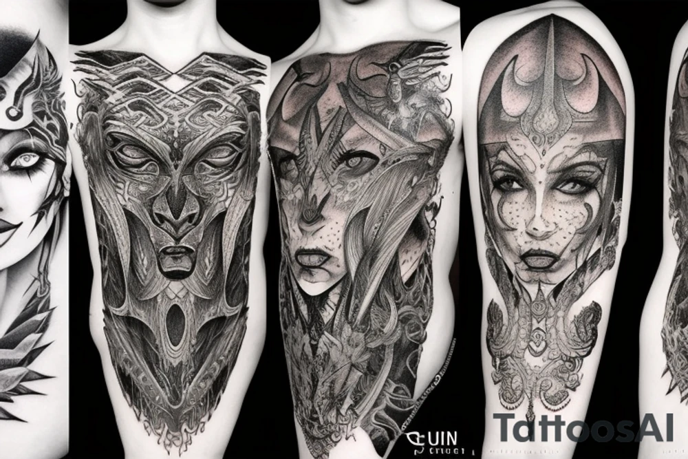 Smokey Pagan Runic Elaborate Intricate Comprehensive Demon woman gorgeous beautiful fierce Feral tattoo idea