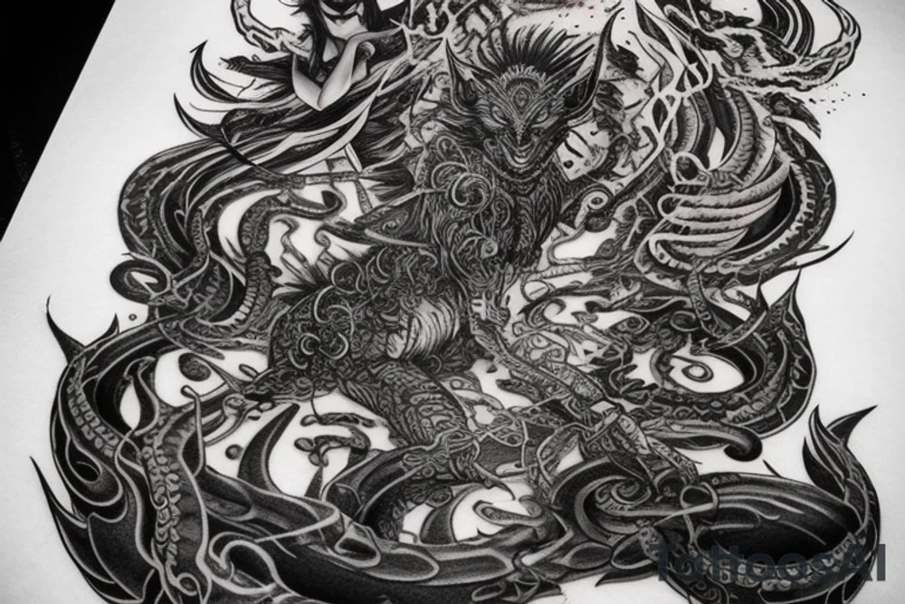Smokey Pagan Runic Elaborate Intricate Comprehensive Demon woman gorgeous beautiful fierce Feral tattoo idea