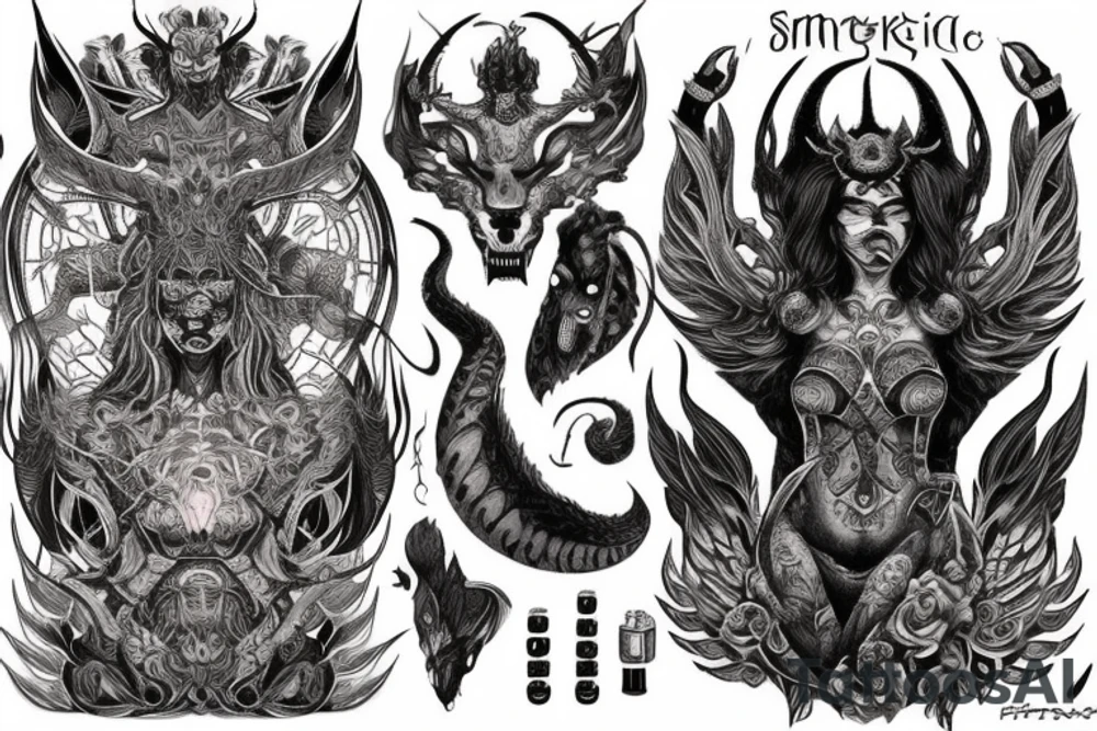 Smokey Pagan Runic Elaborate Intricate Comprehensive Demon woman gorgeous beautiful fierce Feral tattoo idea