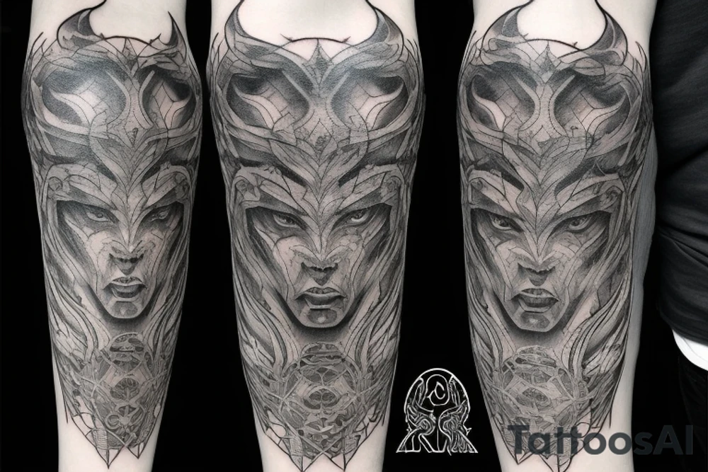 Smokey Pagan Runic Elaborate Intricate Comprehensive Demon woman gorgeous beautiful fierce Feral tattoo idea