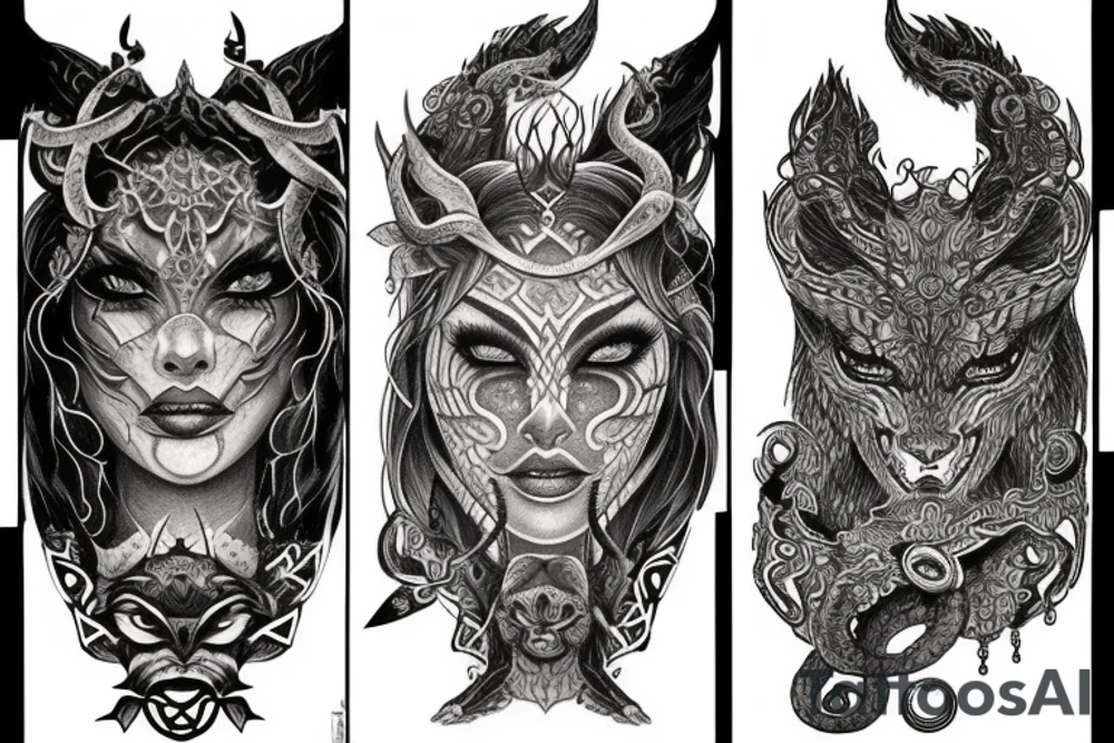 Smokey Pagan Runic Elaborate Intricate Comprehensive Demon woman gorgeous beautiful fierce Feral tattoo idea