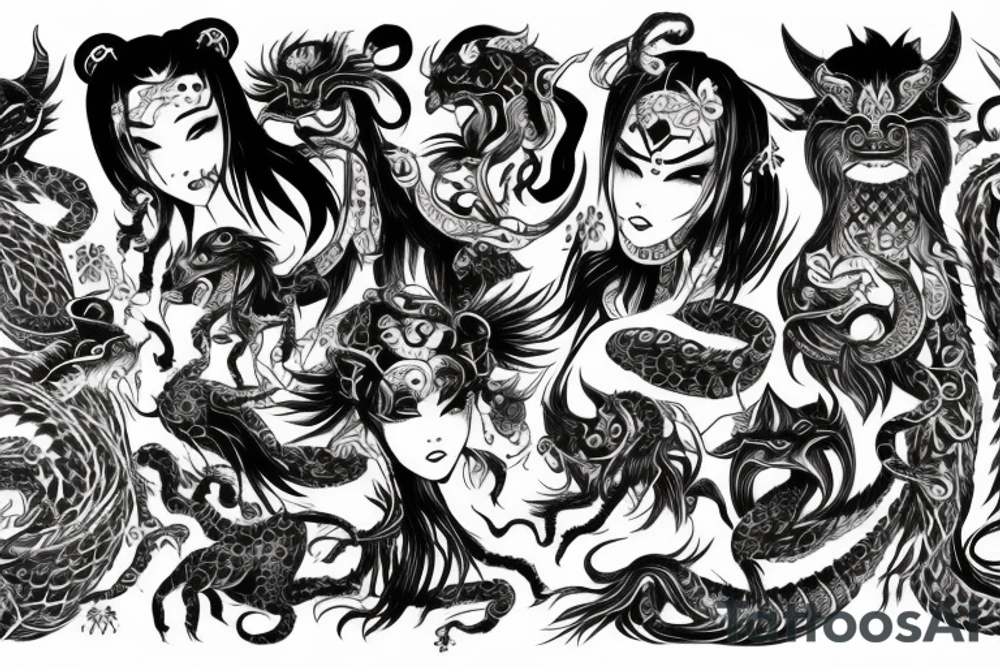 Oriental 
Runic Elaborate Intricate Comprehensive Demon woman gorgeous beautiful Feral Chaos tattoo idea
