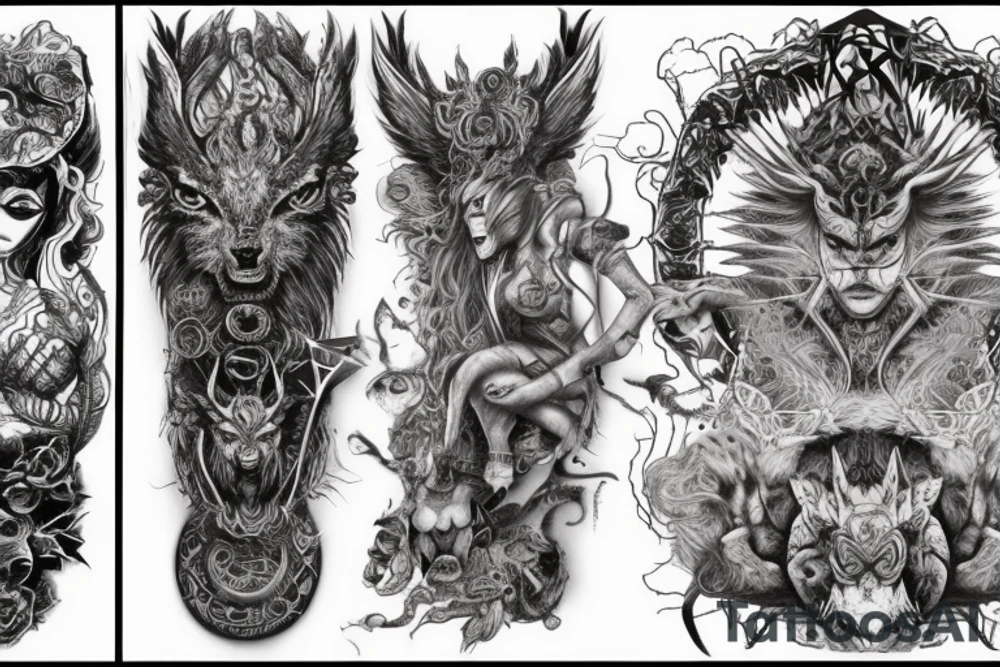 Smokey Pagan Runic Elaborate Intricate Comprehensive Demon woman gorgeous beautiful fierce Feral tattoo idea