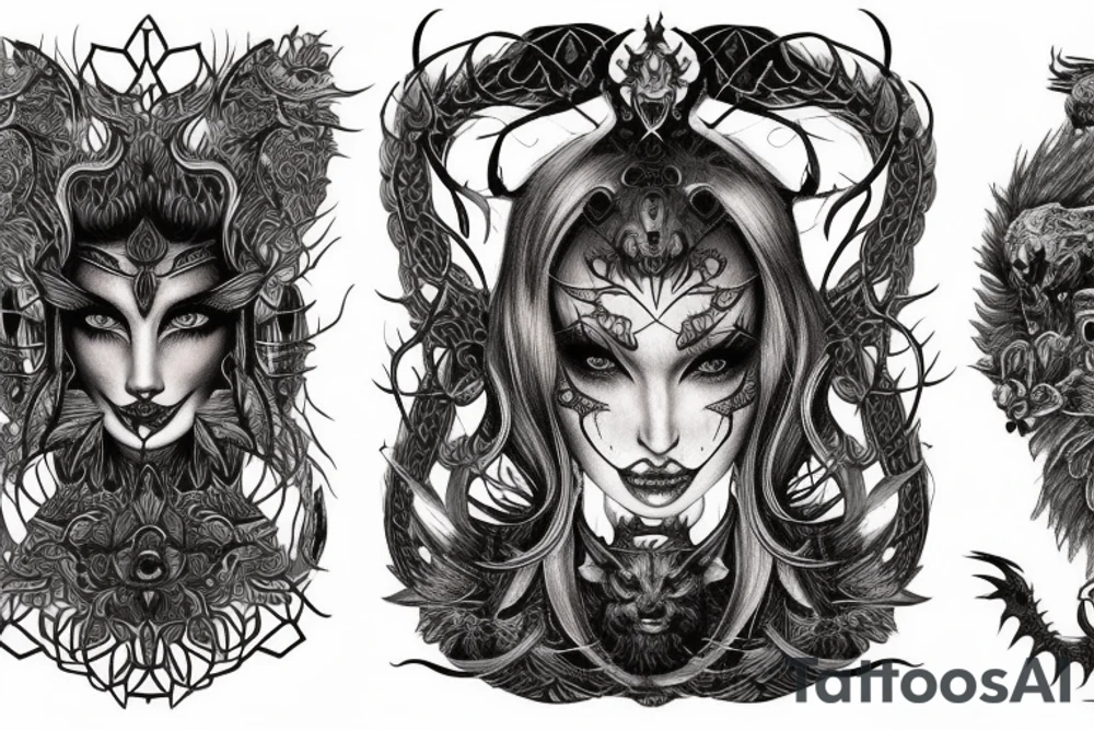 Smokey Pagan Runic Elaborate Intricate Comprehensive Demon woman gorgeous beautiful fierce Feral tattoo idea