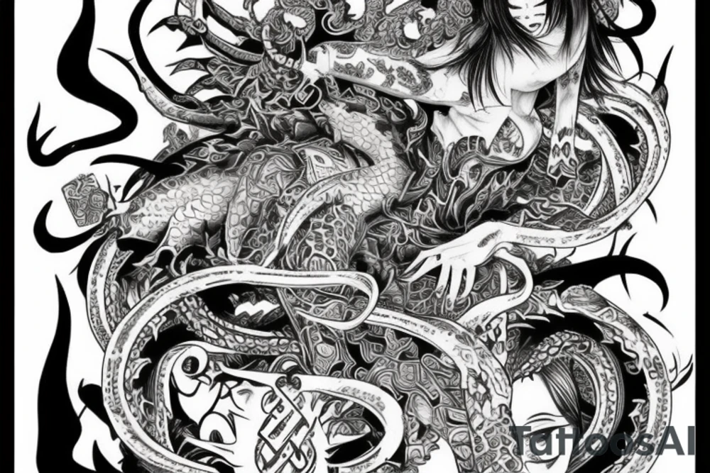Oriental 
Runic Elaborate Intricate Comprehensive Demon woman gorgeous beautiful Feral Chaos tattoo idea