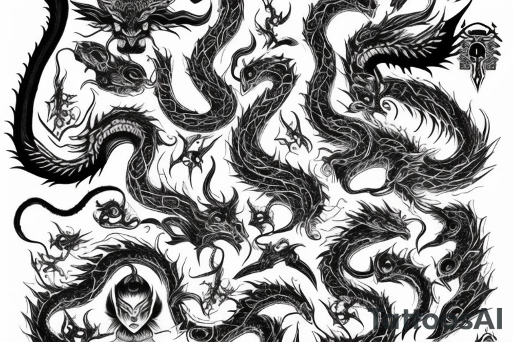 Oriental 
Runic Elaborate Intricate Comprehensive Demon woman gorgeous beautiful Feral Chaos tattoo idea