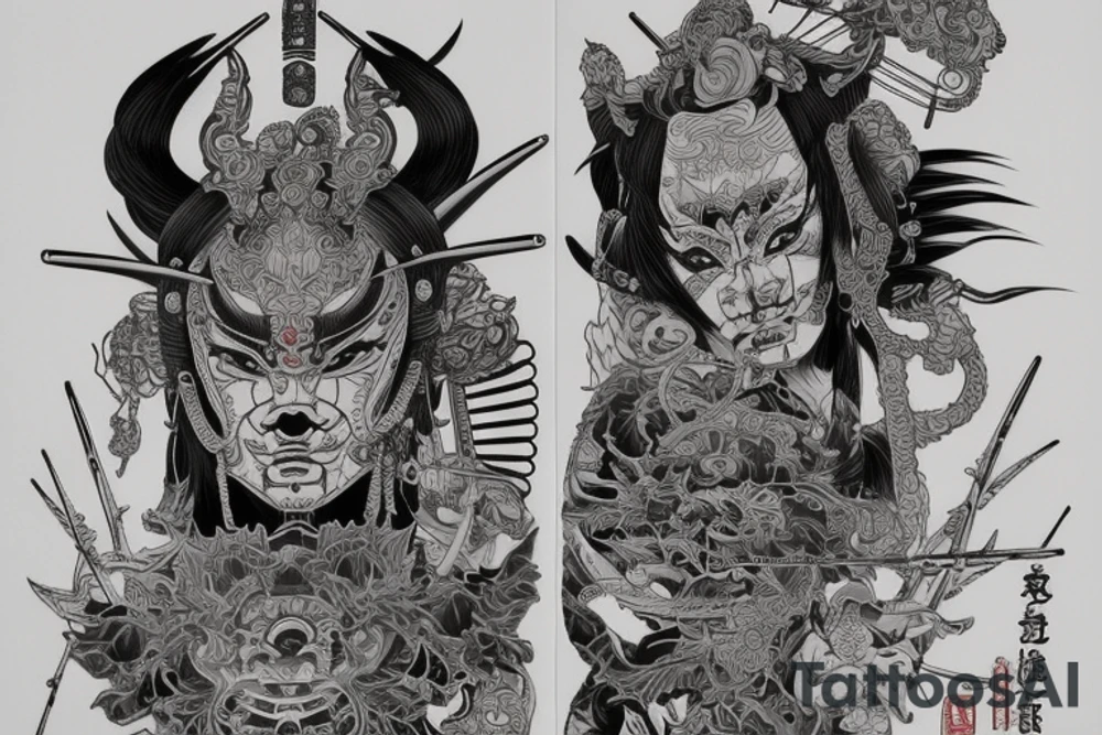 Samurai Woman Oni Intense Elaborate Intricate Comprehensive tattoo idea