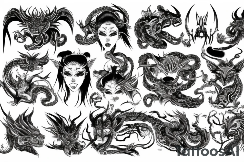 Oriental 
Runic Elaborate Intricate Comprehensive Demon woman gorgeous beautiful Feral Chaos tattoo idea
