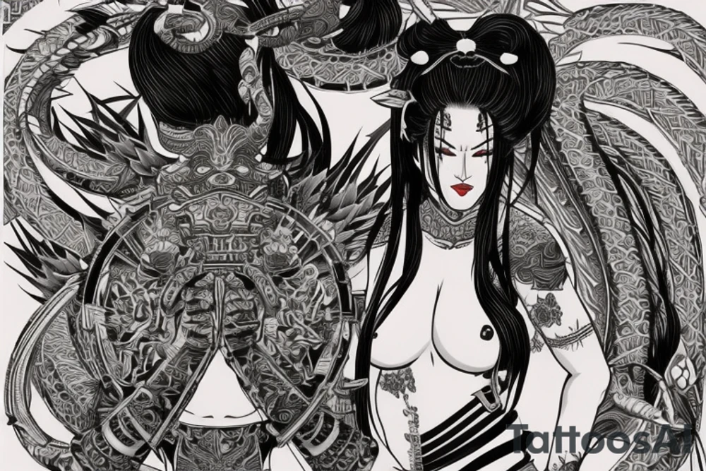 Samurai Woman Oni Intense Elaborate Intricate Comprehensive tattoo idea
