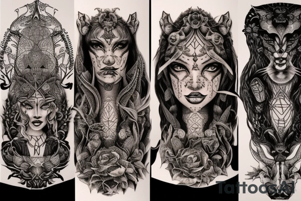 Smokey Pagan Runic Elaborate Intricate Comprehensive Demon woman gorgeous beautiful fierce Feral tattoo idea