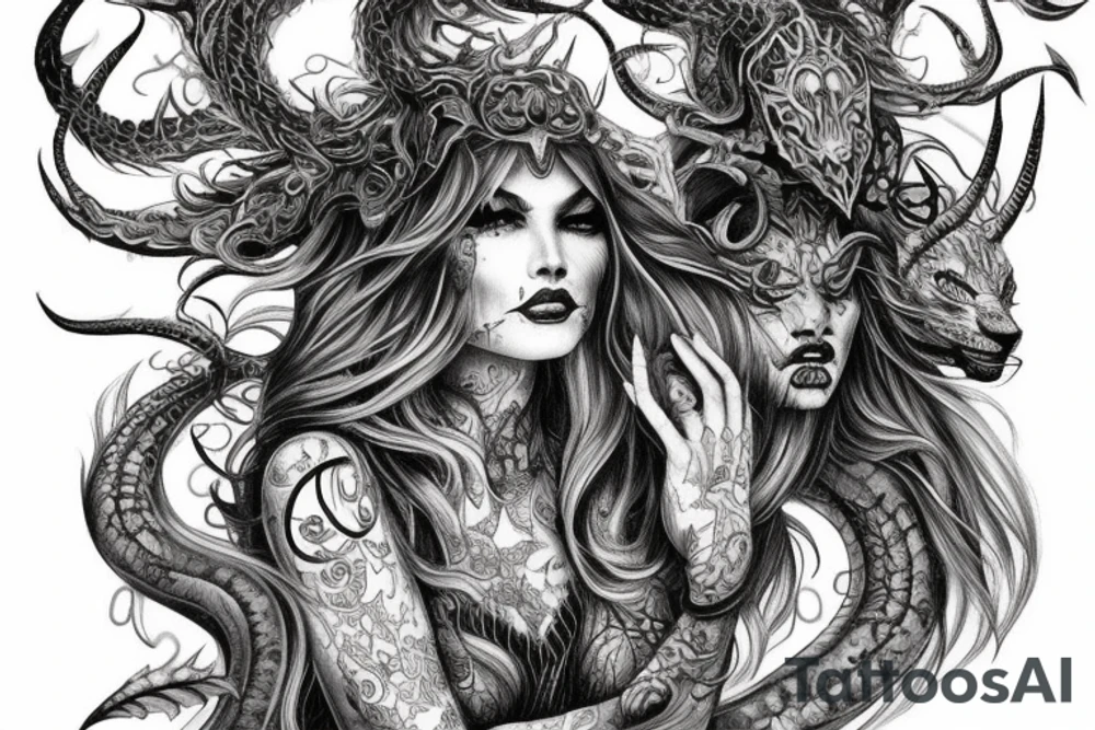 Smokey Pagan Runic Elaborate Intricate Comprehensive Demon woman gorgeous beautiful fierce Feral tattoo idea