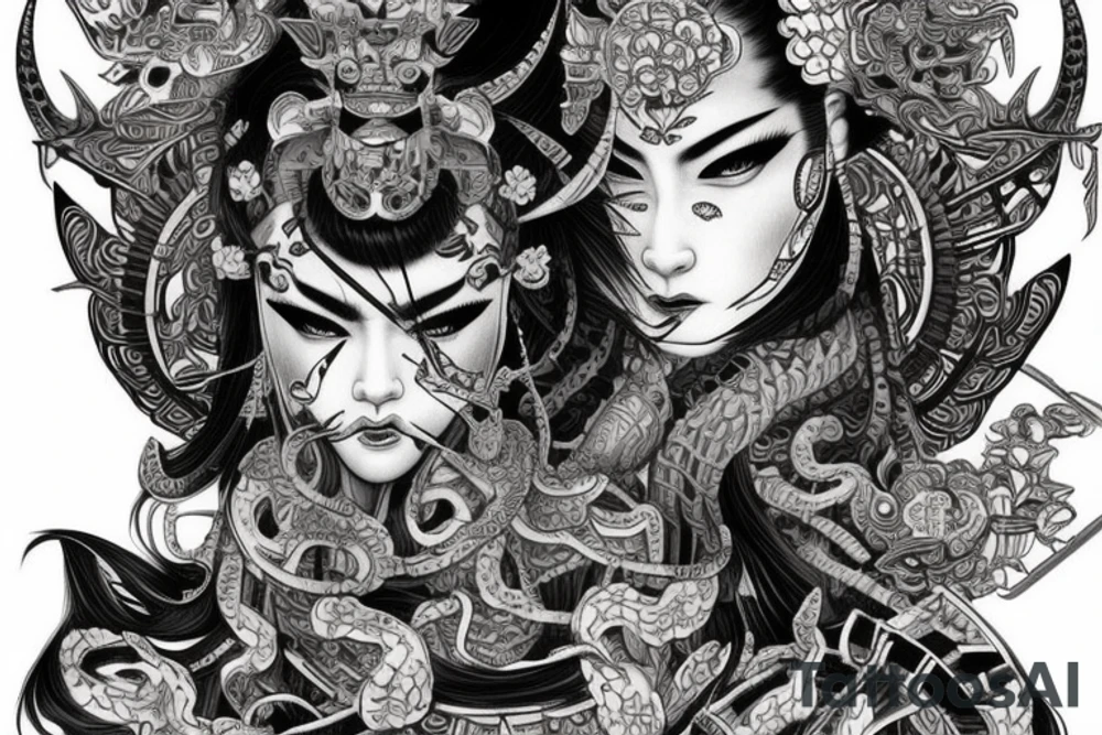 Samurai Woman Oni Intense Elaborate Intricate Comprehensive Detailed Gorgeous Vibrant tattoo idea
