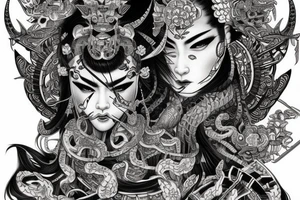 Samurai Woman Oni Intense Elaborate Intricate Comprehensive Detailed Gorgeous Vibrant tattoo idea