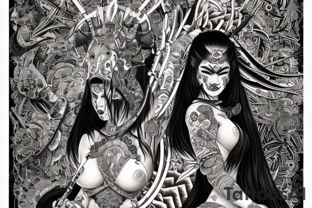 Samurai Woman Oni Intense Elaborate Intricate Comprehensive Detailed Gorgeous Vibrant tattoo idea