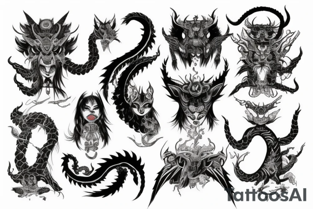 Oriental 
Runic Elaborate Intricate Comprehensive Demon woman gorgeous beautiful Feral Chaos tattoo idea