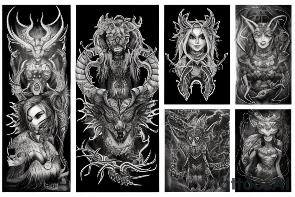 Smokey Pagan Runic Elaborate Intricate Comprehensive Demon woman gorgeous beautiful fierce Feral tattoo idea