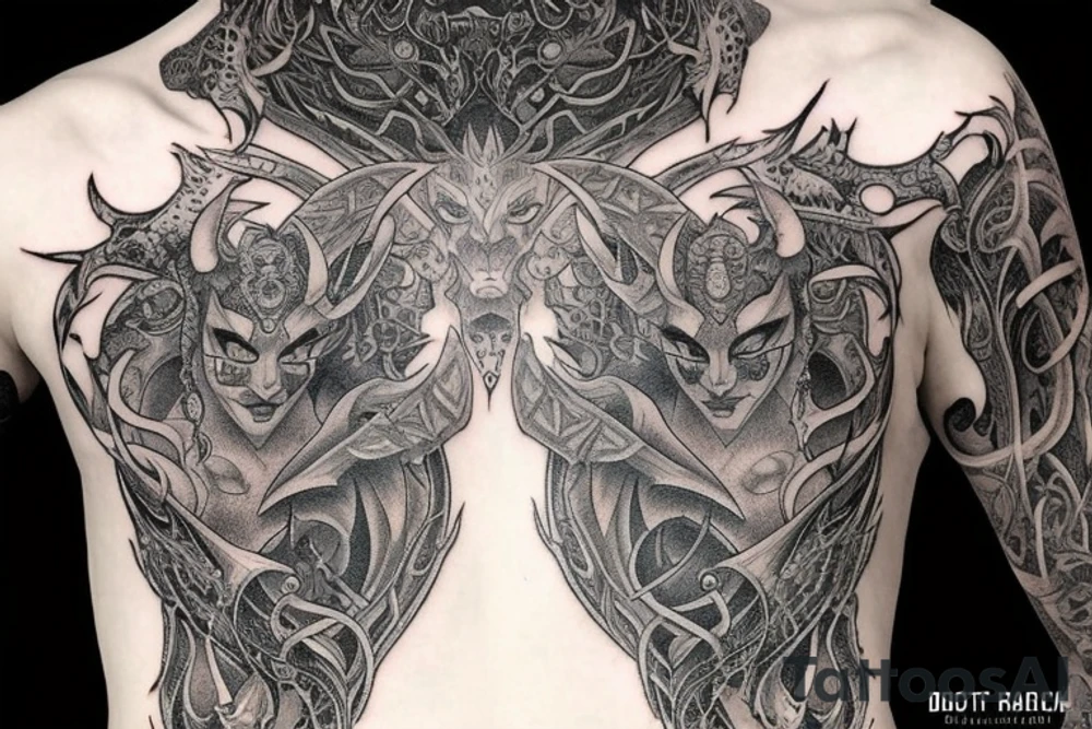 Smokey Pagan Runic Elaborate Intricate Comprehensive Demon woman gorgeous beautiful fierce Feral tattoo idea