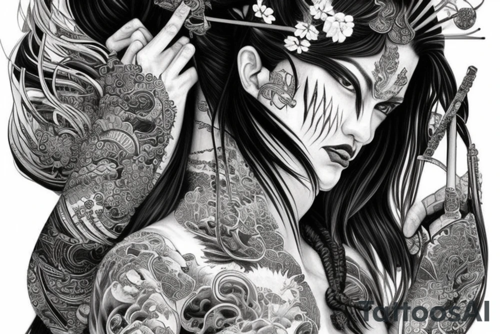 Samurai Woman Oni Intense Elaborate Intricate Comprehensive Detailed Gorgeous Vibrant tattoo idea