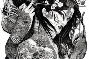 Samurai Woman Oni Intense Elaborate Intricate Comprehensive Detailed Gorgeous Vibrant tattoo idea