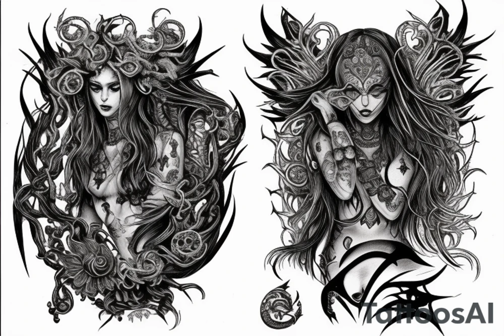 Smokey Pagan Runic Elaborate Intricate Comprehensive Demon woman gorgeous beautiful fierce Feral tattoo idea