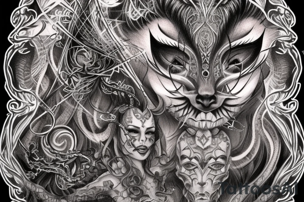 Smokey Pagan Runic Elaborate Intricate Comprehensive Demon woman gorgeous beautiful fierce Feral tattoo idea