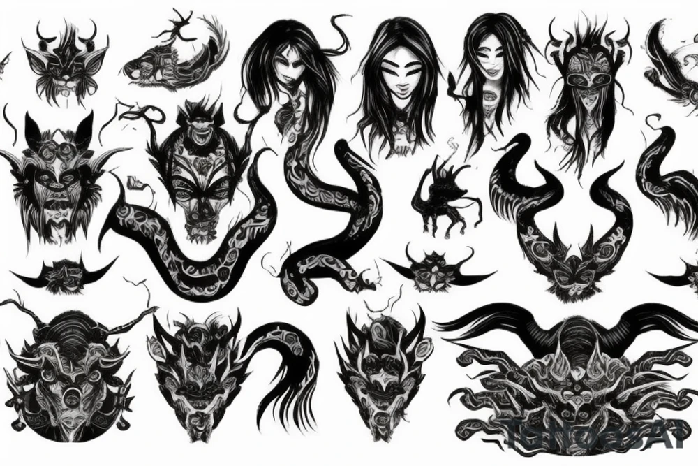 Oriental
Runic Elaborate Intricate Comprehensive Demon woman gorgeous beautiful Feral Chaos tattoo idea