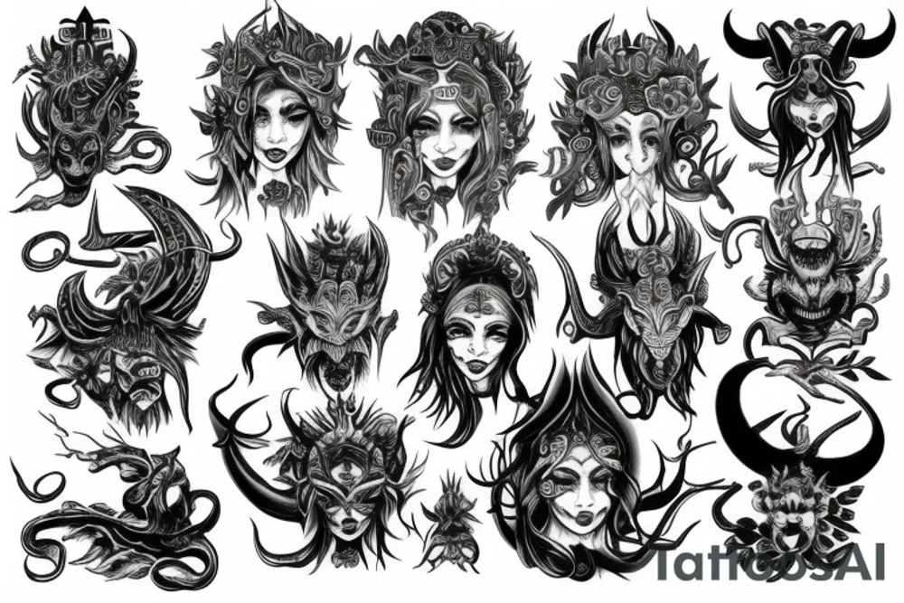 Oriental
Runic Elaborate Intricate Comprehensive Demon woman gorgeous beautiful Feral Chaos tattoo idea
