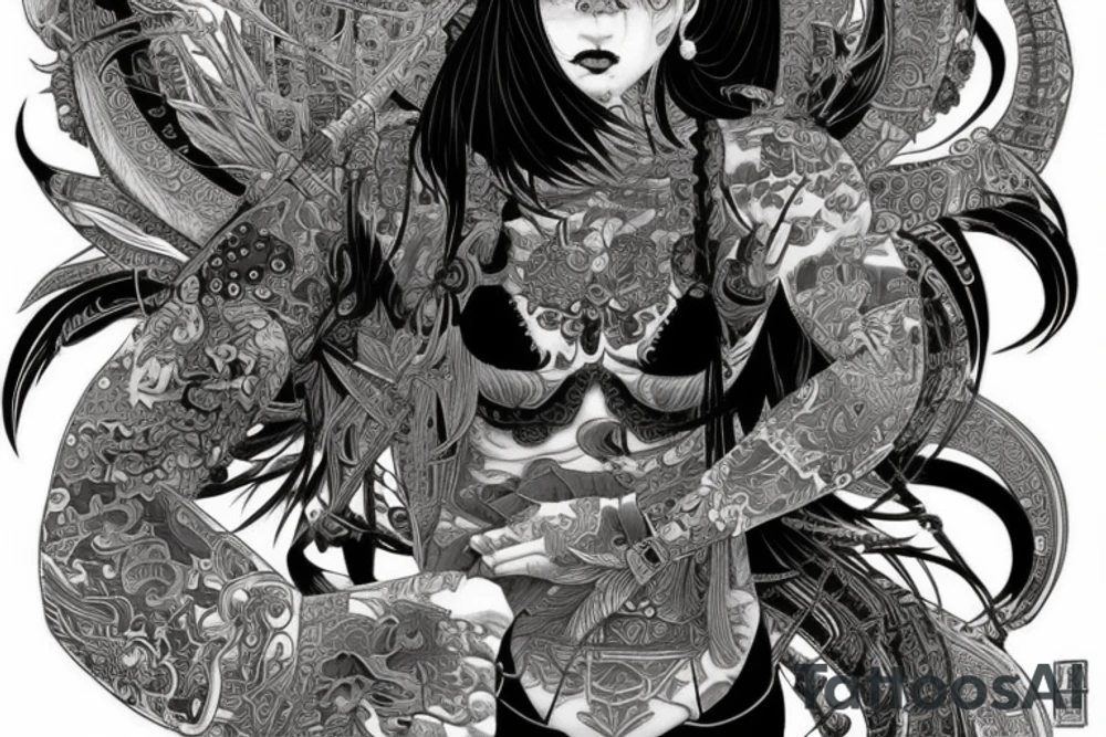 Samurai Woman Oni Intense Elaborate Intricate Comprehensive Detailed Gorgeous Vibrant tattoo idea