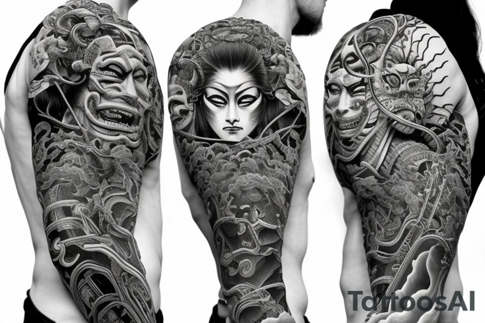 Samurai Woman Oni Intense Elaborate Intricate Comprehensive Detailed Gorgeous Vibrant tattoo idea
