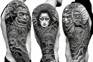 Samurai Woman Oni Intense Elaborate Intricate Comprehensive Detailed Gorgeous Vibrant tattoo idea