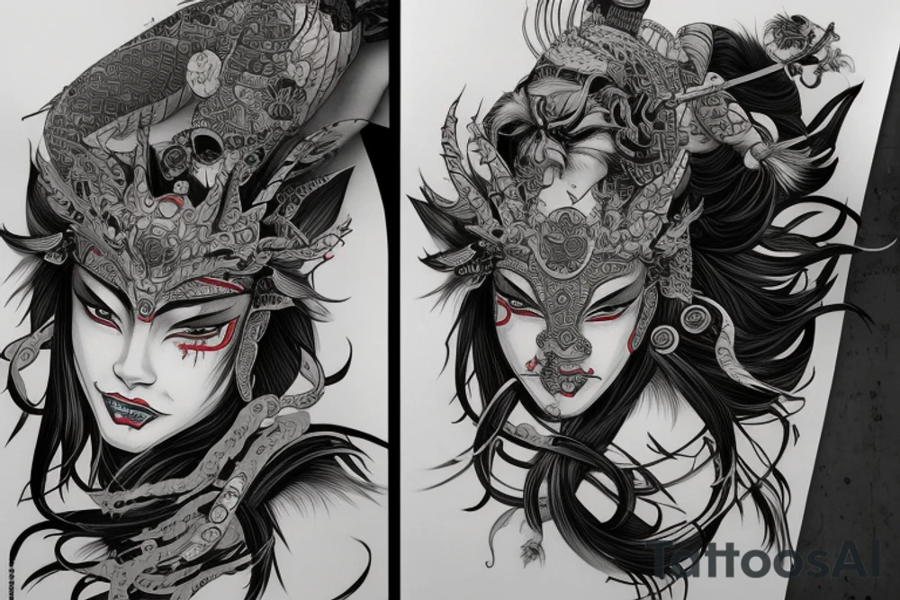 Female Samurai Woman Oni Intense Elaborate Intricate Comprehensive Detailed Gorgeous Vibrant tattoo idea