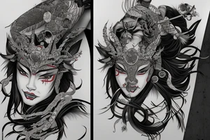 Female Samurai Woman Oni Intense Elaborate Intricate Comprehensive Detailed Gorgeous Vibrant tattoo idea