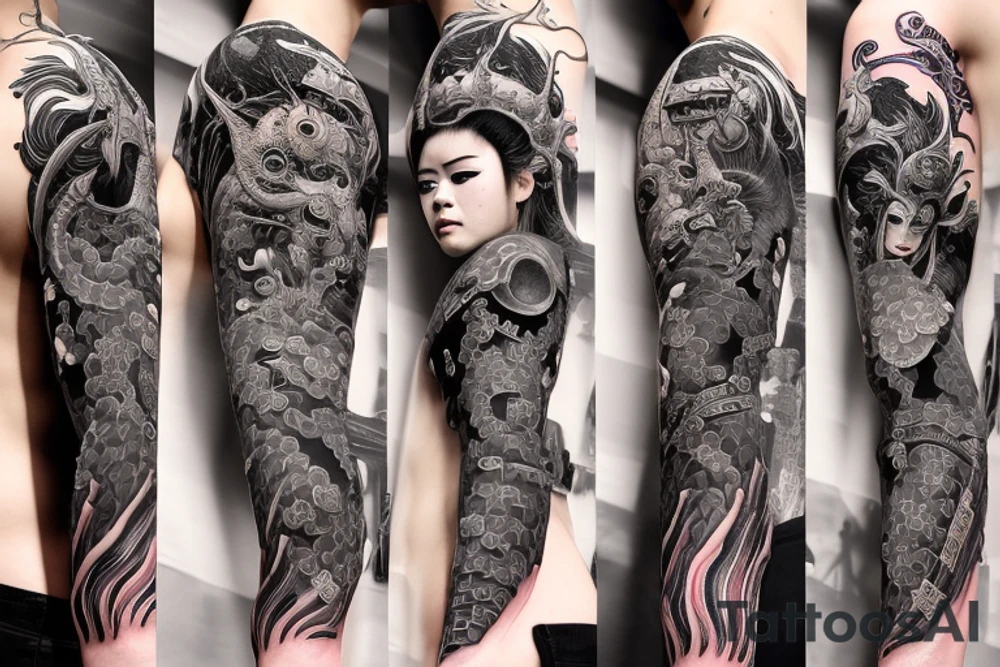 Female Samurai Woman Oni Intense Elaborate Intricate Comprehensive Detailed Gorgeous Vibrant tattoo idea