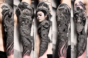 Female Samurai Woman Oni Intense Elaborate Intricate Comprehensive Detailed Gorgeous Vibrant tattoo idea