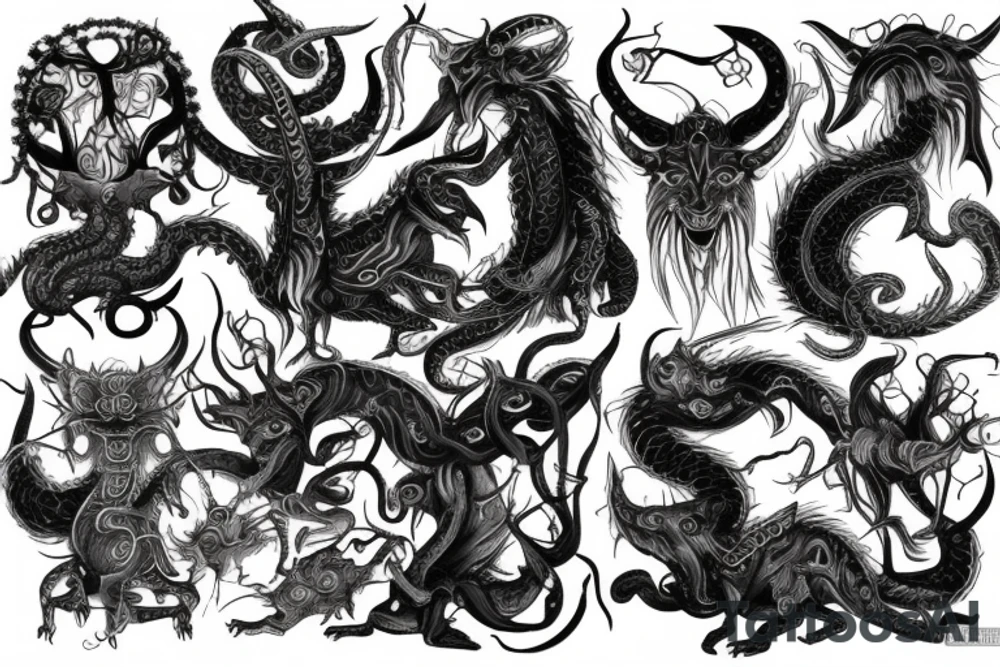 Oriental
Runic Elaborate Intricate Comprehensive Demon woman gorgeous beautiful Feral Chaos tattoo idea