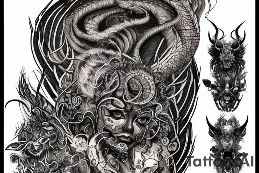 Smokey Pagan Runic Elaborate Intricate Comprehensive Demon woman gorgeous beautiful fierce Feral tattoo idea