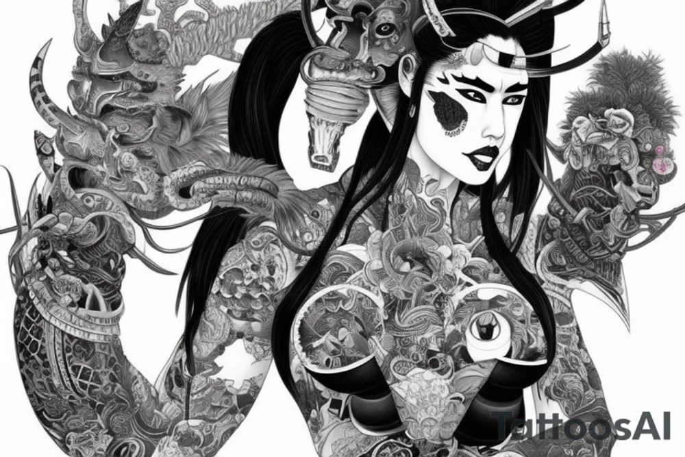 Female Samurai Woman Oni Intense Elaborate Intricate Comprehensive Detailed Gorgeous Vibrant tattoo idea