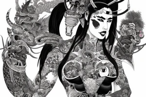 Female Samurai Woman Oni Intense Elaborate Intricate Comprehensive Detailed Gorgeous Vibrant tattoo idea