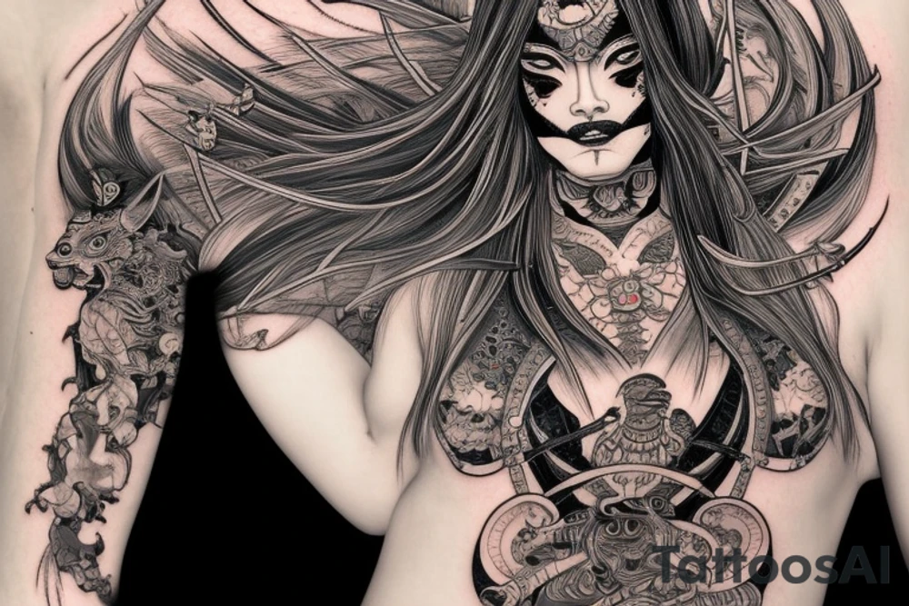 Female Samurai Woman Oni Intense Elaborate Intricate Comprehensive Detailed Gorgeous Vibrant tattoo idea